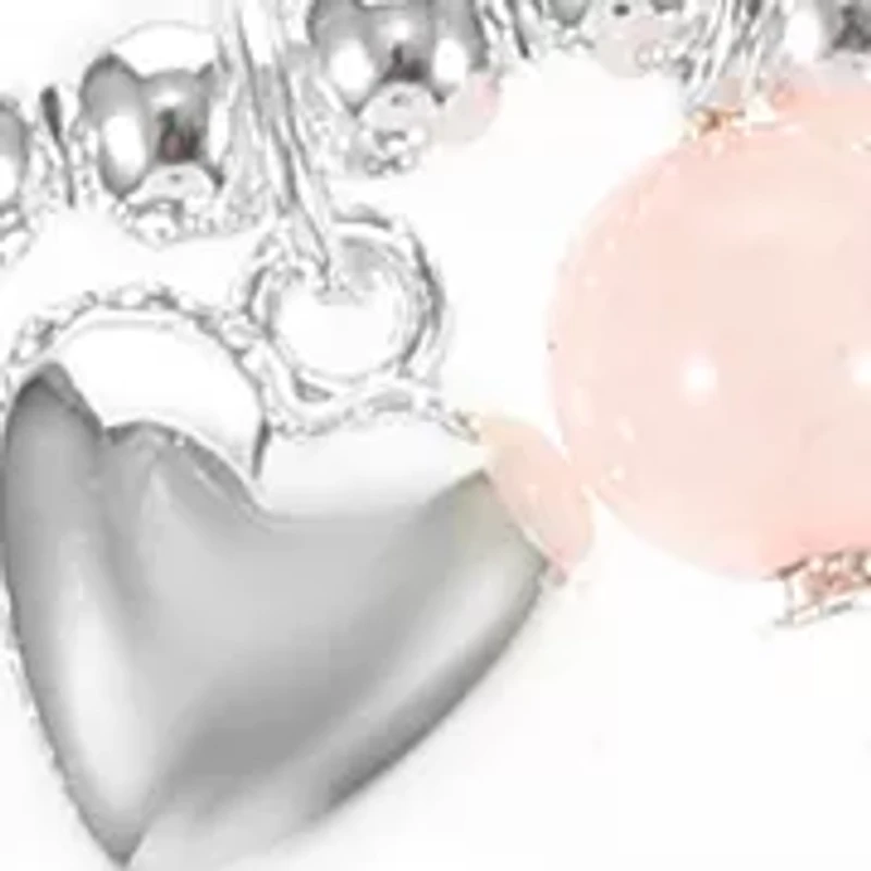 Silver Tone Rose Quartz Silver Bead with Heart Charm Bracelet Duo Set