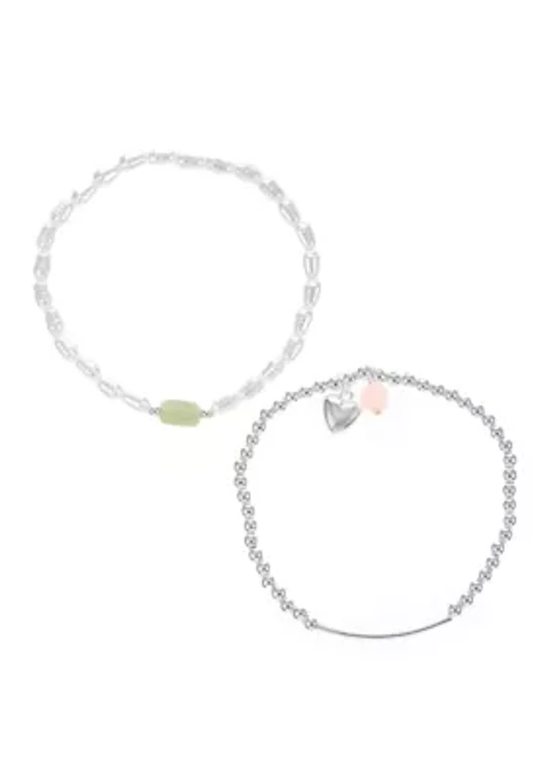 Silver Tone Rose Quartz Silver Bead with Heart Charm Bracelet Duo Set