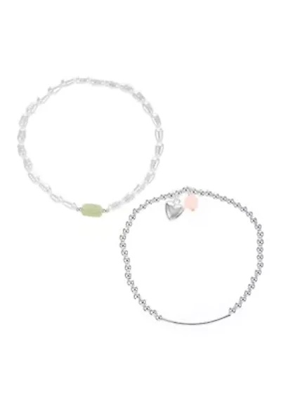 Silver Tone Rose Quartz Silver Bead with Heart Charm Bracelet Duo Set