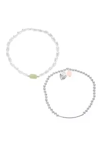 Silver Tone Rose Quartz Silver Bead with Heart Charm Bracelet Duo Set