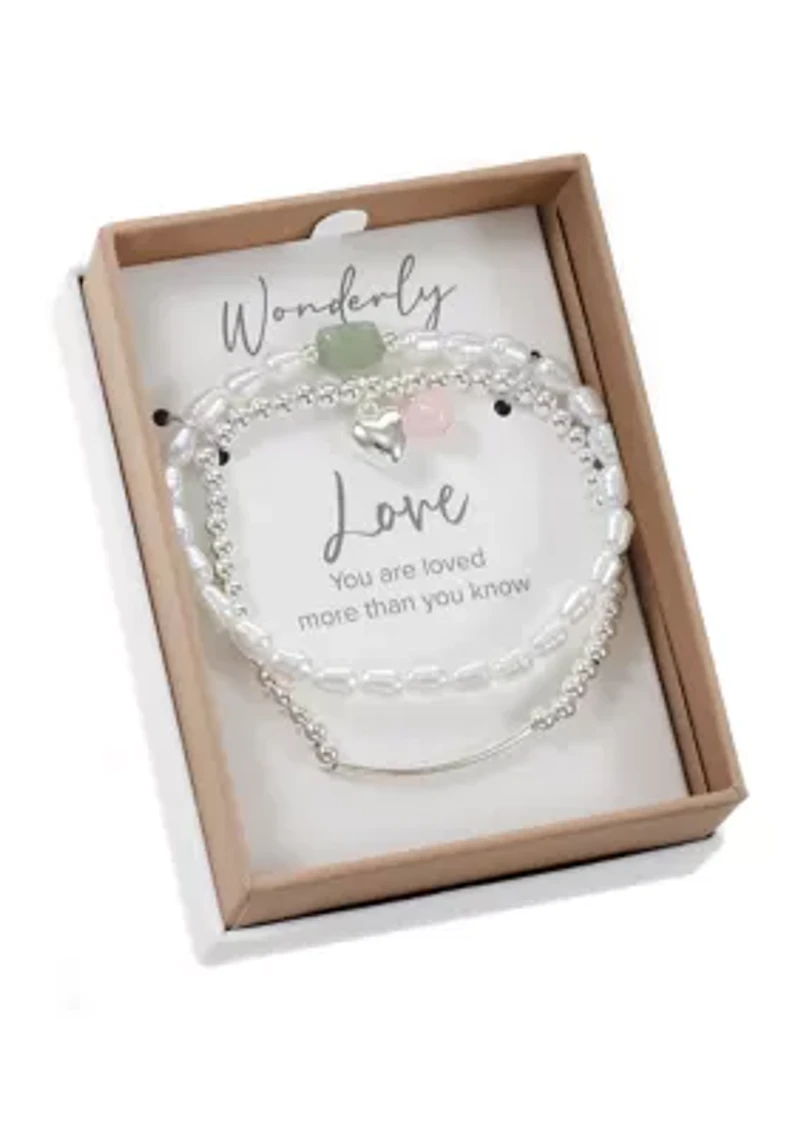 Silver Tone Rose Quartz Silver Bead with Heart Charm Bracelet Duo Set