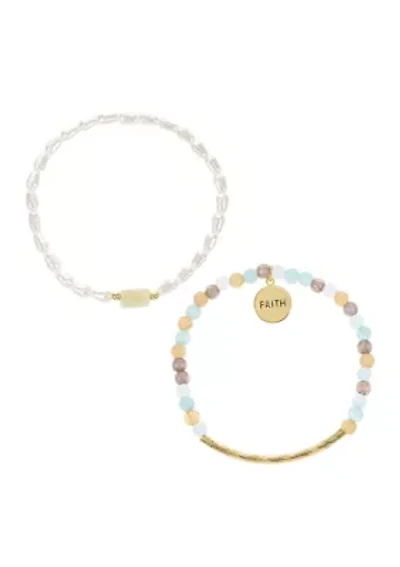 Gold Tone Green Multi Pearl Bead with Faith Charm Bracelet Duo Set