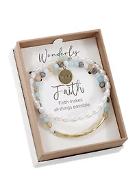 Gold Tone Green Multi Pearl Bead with Faith Charm Bracelet Duo Set