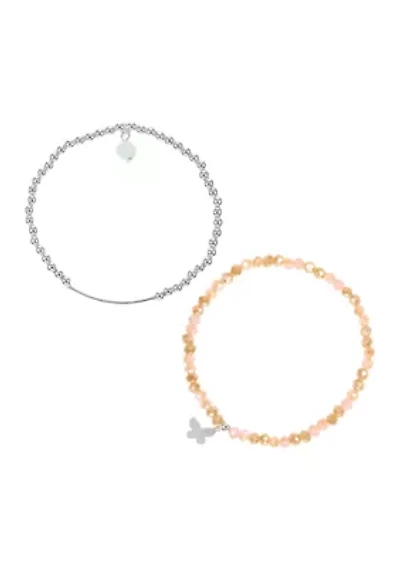 Silver Tone Pink Silver Bead with Butterfly Charm Bracelet Duo Set