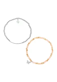 Silver Tone Pink Silver Bead with Butterfly Charm Bracelet Duo Set