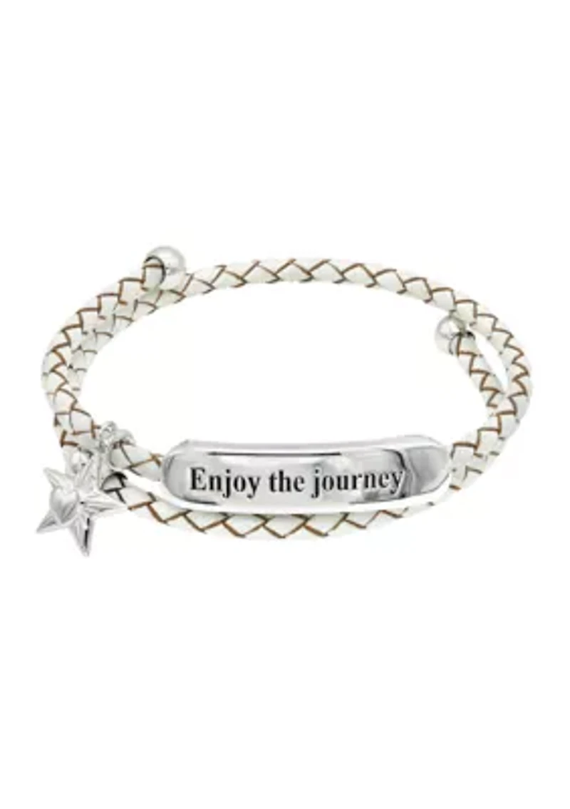 Silver Tone Gray Leather Engraved Bar Bracelet