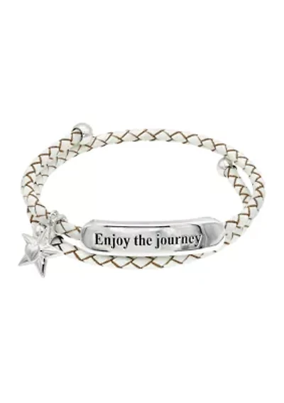 Silver Tone Gray Leather Engraved Bar Bracelet