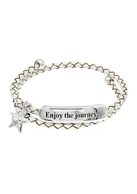 Silver Tone Gray Leather Engraved Bar Bracelet