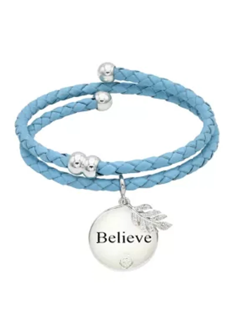 Silver Tone Teal Leather Coil Cubic Zirconia Leaf Charm Bracelet