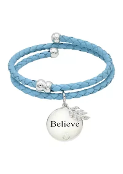 Silver Tone Teal Leather Coil Cubic Zirconia Leaf Charm Bracelet