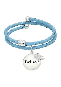 Silver Tone Teal Leather Coil Cubic Zirconia Leaf Charm Bracelet