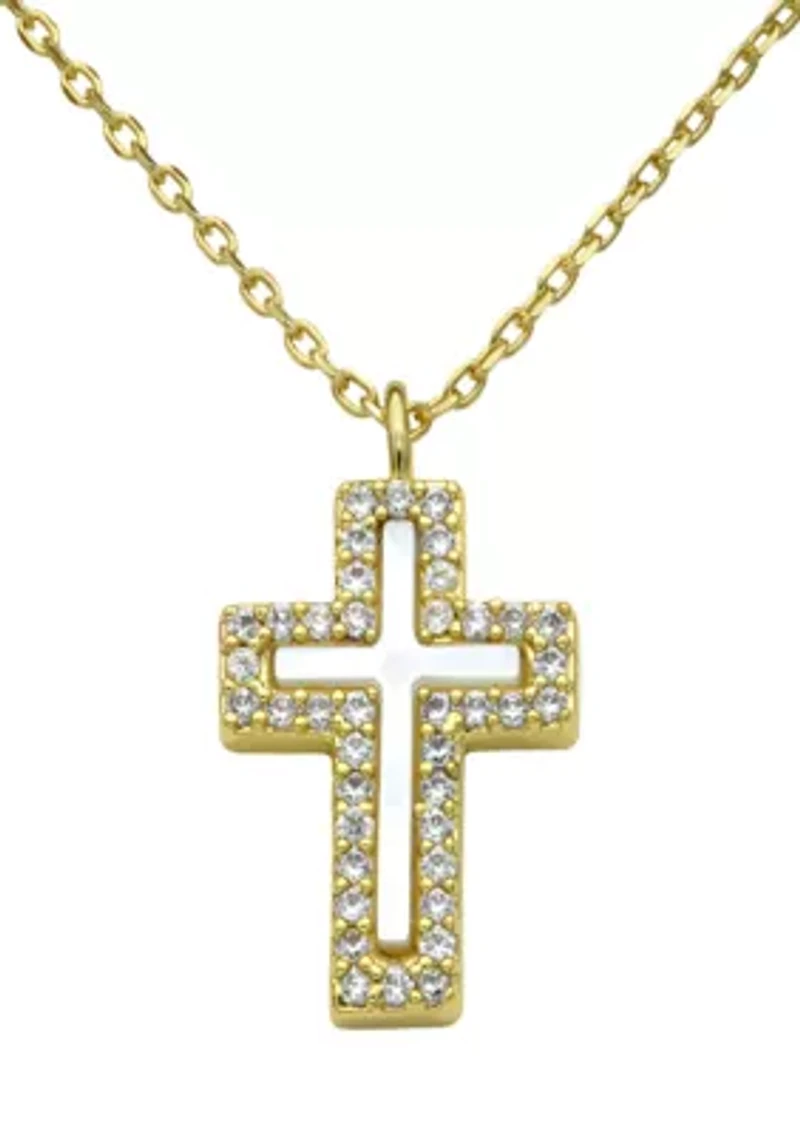 Lab Grown Gold Tone MOP Cross with Pavé CZ Pendant Necklace