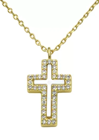 Lab Grown Gold Tone MOP Cross with Pavé CZ Pendant Necklace