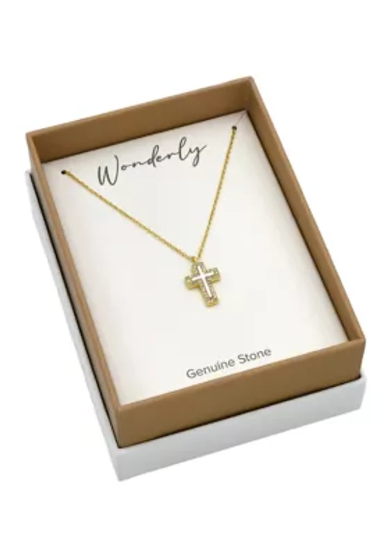 Lab Grown Gold Tone MOP Cross with Pavé CZ Pendant Necklace