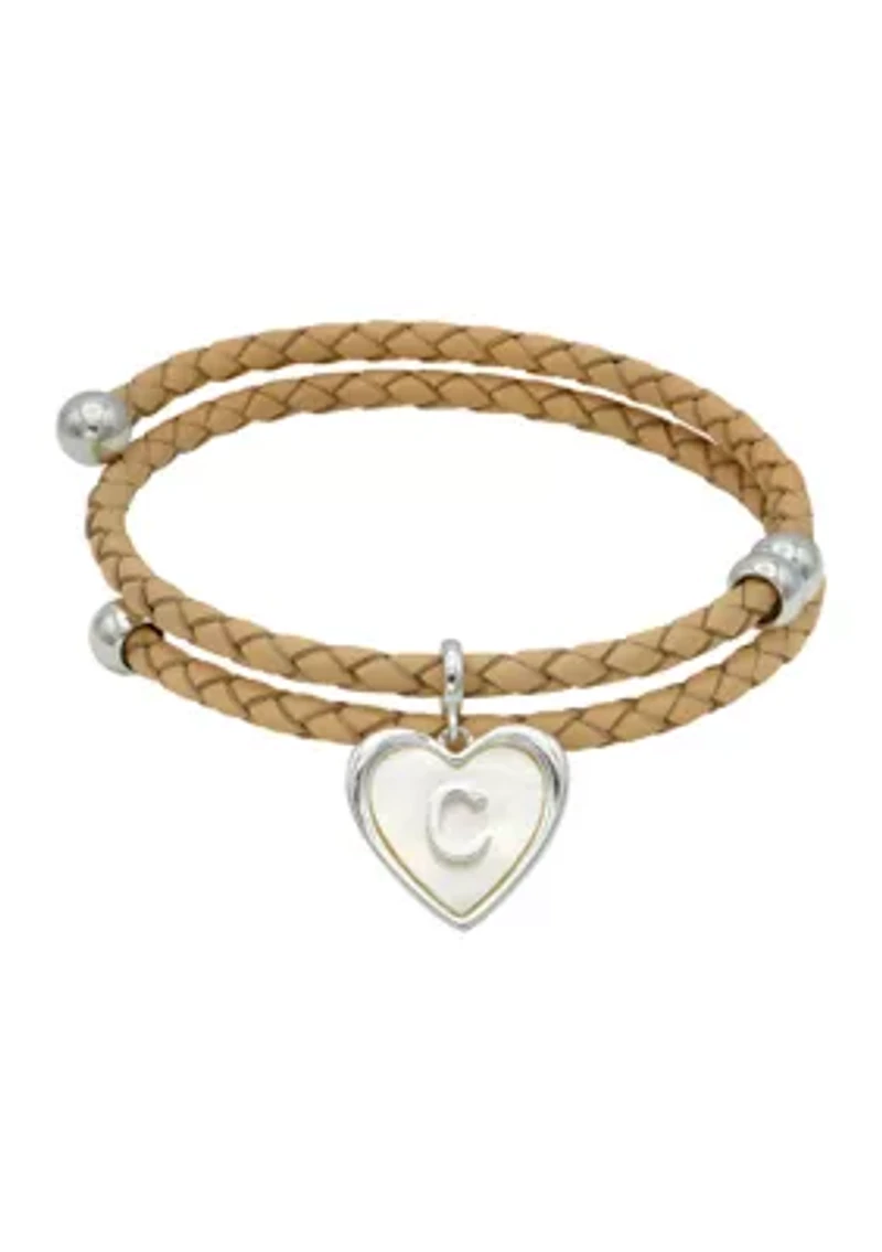 Lab Grown Silver Tone Leather Wrap Mother of Pearl Initial Charm Bracelet