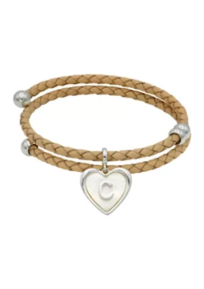 Lab Grown Silver Tone Leather Wrap Mother of Pearl Initial Charm Bracelet