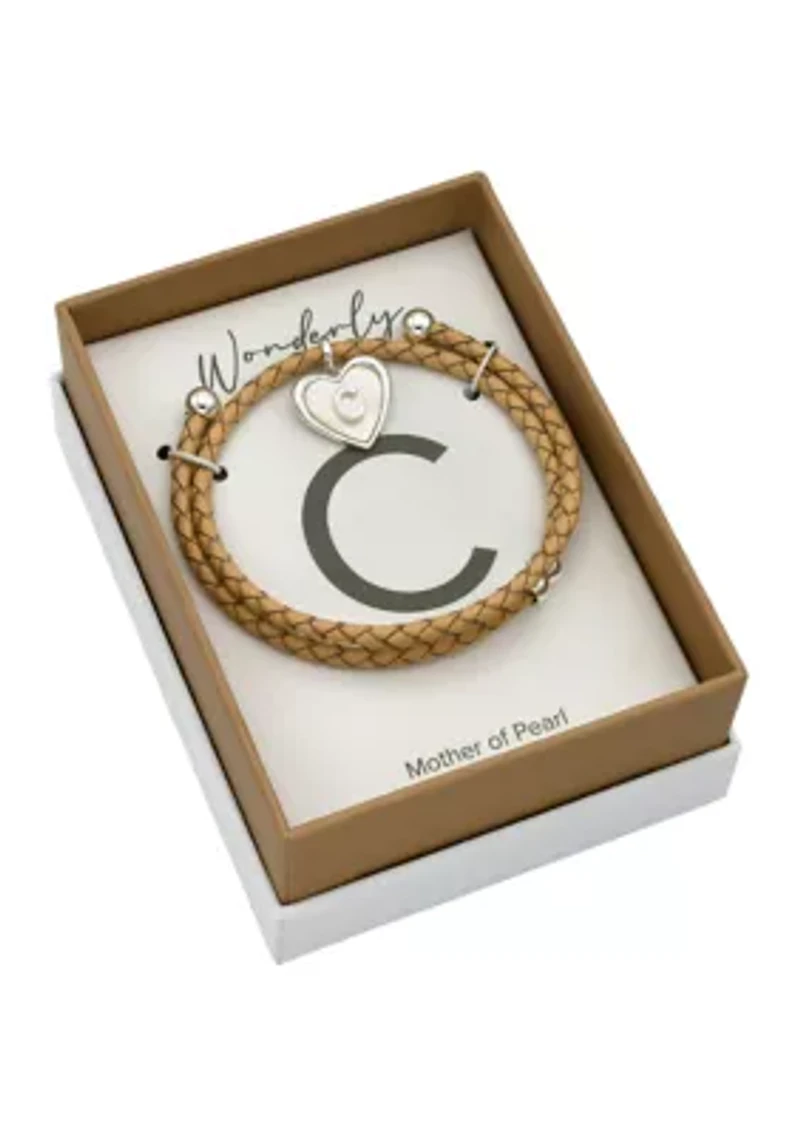 Lab Grown Silver Tone Leather Wrap Mother of Pearl Initial Charm Bracelet