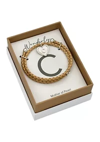 Lab Grown Silver Tone Leather Wrap Mother of Pearl Initial Charm Bracelet