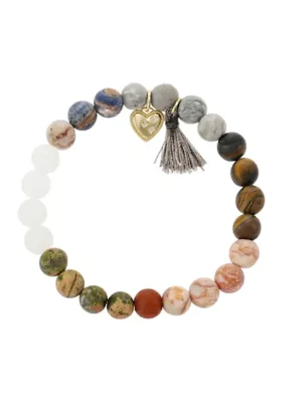 Multicolored Wooden Bead Bracelet with Heart Charm and Tassel 