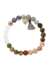  Multicolored Wooden Bead Bracelet with Heart Charm and Tassel 