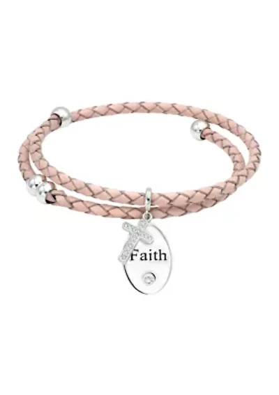 Leather Wrap Bracelet with Faith and Cubic Zirconia Cross Charms