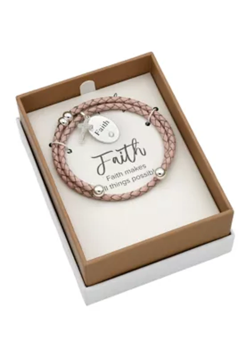 Leather Wrap Bracelet with Faith and Cubic Zirconia Cross Charms