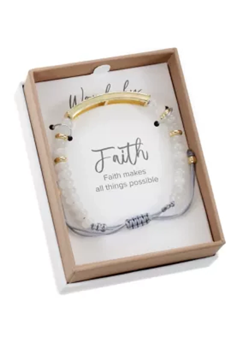 Lab Grown Gold Tone Cubic Zirconia Faith Bar White Beaded Bracelet