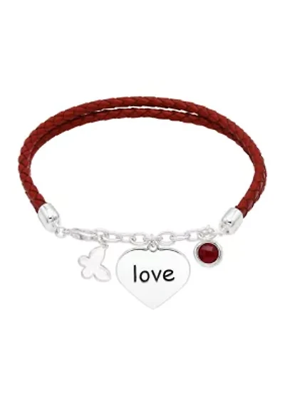Lab Grown Silver Tone Red Leather Multistrand Bracelet with Love Charm