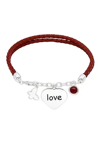Lab Grown Silver Tone Red Leather Multistrand Bracelet with Love Charm