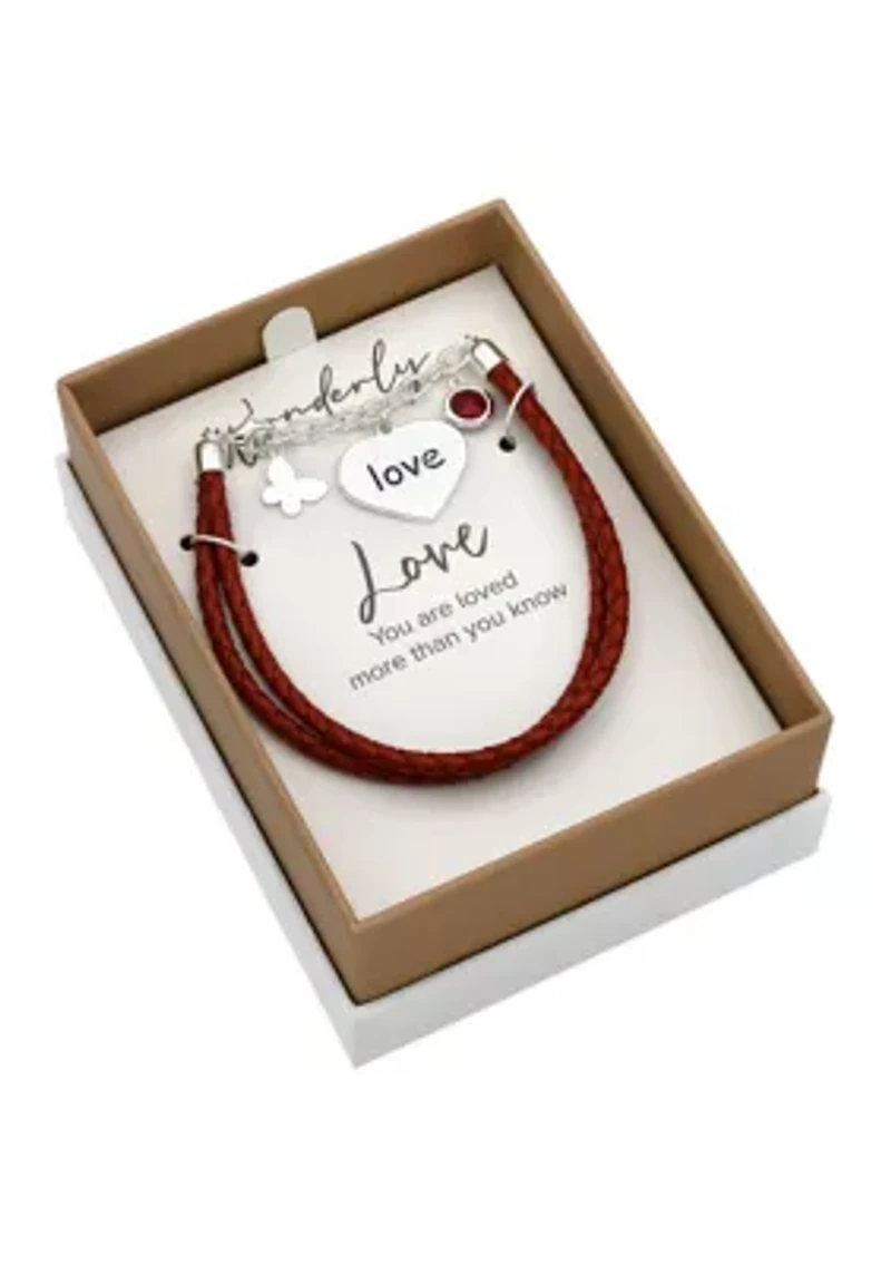 Lab Grown Silver Tone Red Leather Multistrand Bracelet with Love Charm