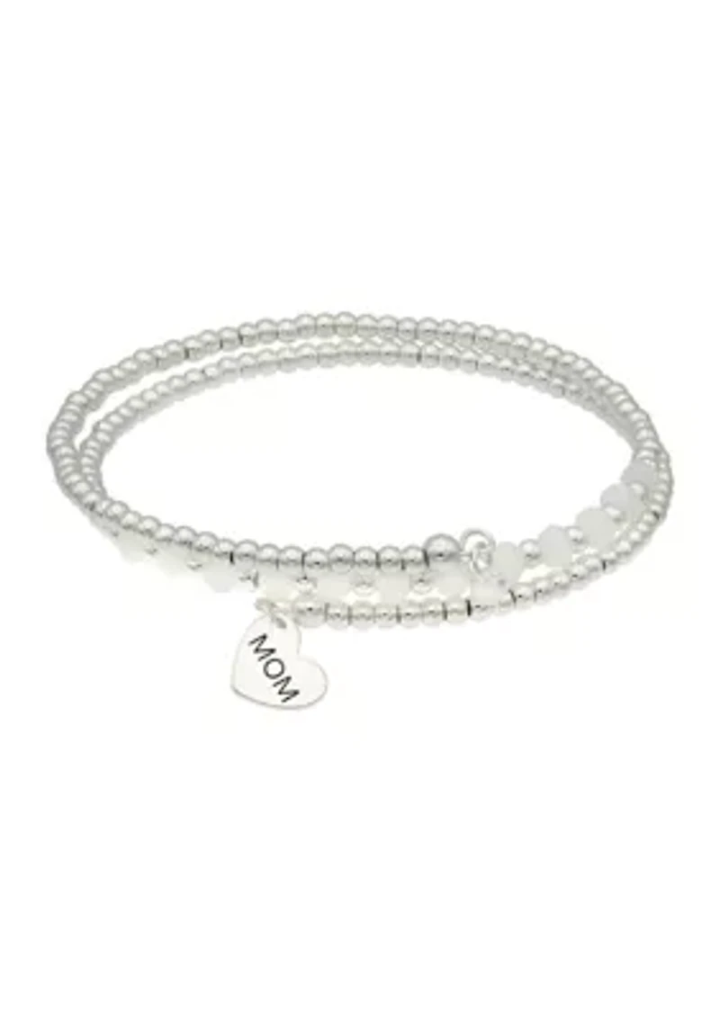 Silver Tone Clear Beaded Wrap Bracelet with Mom Charm
