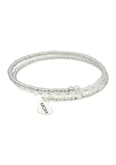 Silver Tone Clear Beaded Wrap Bracelet with Mom Charm