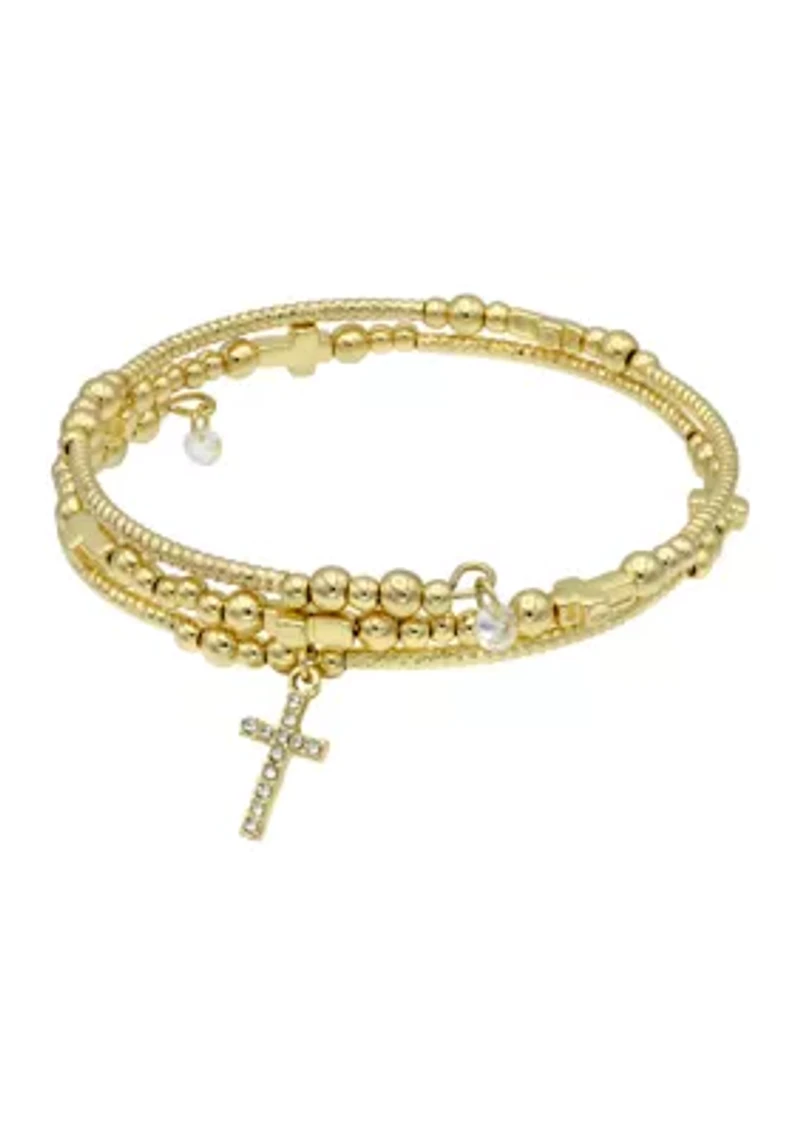 Lab Grown Gold Tone Beaded Cross Bracelet Set with Pave Cubic Zirconia Cross Charm