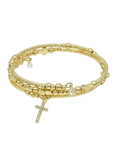 Lab Grown Gold Tone Beaded Cross Bracelet Set with Pave Cubic Zirconia Cross Charm