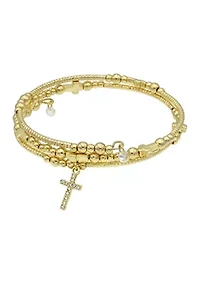 Lab Grown Gold Tone Beaded Cross Bracelet Set with Pave Cubic Zirconia Cross Charm