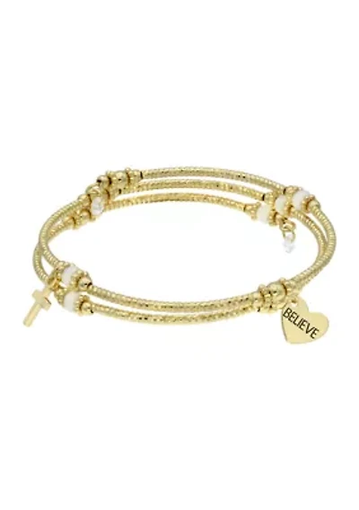 Heart and Cross Charms Gold Tone Beaded Wrap Bracelet 