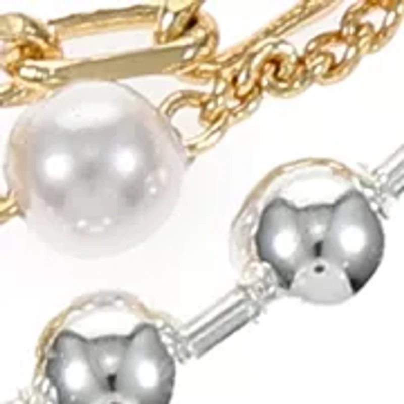 Two Tone Silver and Pearl Beaded with Gold Heart Multi Strand Bracelet