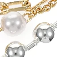 Two Tone Silver and Pearl Beaded with Gold Heart Multi Strand Bracelet