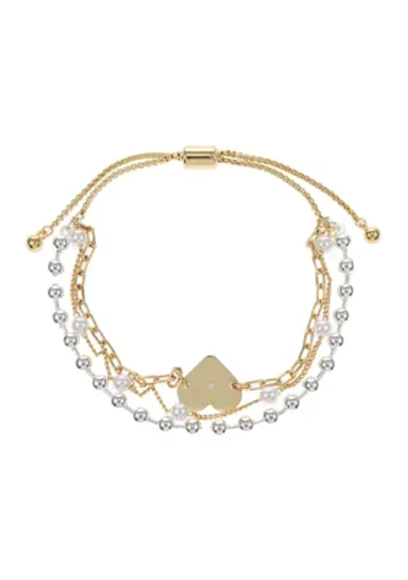 Two Tone Silver and Pearl Beaded with Gold Heart Multi Strand Bracelet