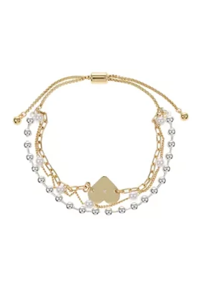 Two Tone Silver and Pearl Beaded with Gold Heart Multi Strand Bracelet