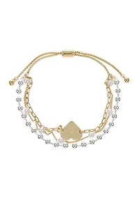 Two Tone Silver and Pearl Beaded with Gold Heart Multi Strand Bracelet