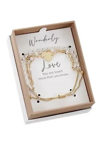 Two Tone Silver and Pearl Beaded with Gold Heart Multi Strand Bracelet