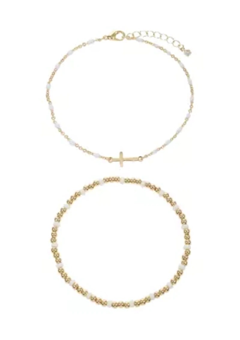 Gold Tone Beaded Bracelet and Chain with Cross Charm Bracelet Duo Set