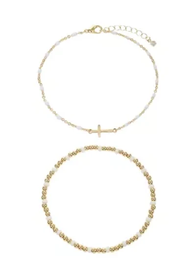 Gold Tone Beaded Bracelet and Chain with Cross Charm Bracelet Duo Set