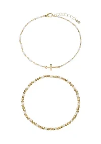 Gold Tone Beaded Bracelet and Chain with Cross Charm Bracelet Duo Set