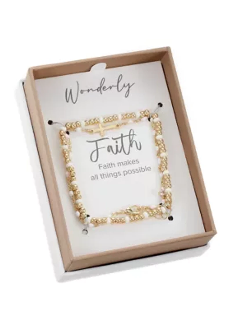 Gold Tone Beaded Bracelet and Chain with Cross Charm Bracelet Duo Set