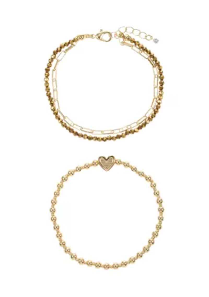 Gold Tone Beaded Bracelet with Heart Charm and Multi Strand Link and Beaded Bracelet Set