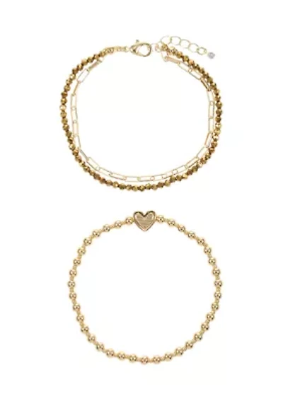 Gold Tone Beaded Bracelet with Heart Charm and Multi Strand Link and Beaded Bracelet Set