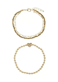 Gold Tone Beaded Bracelet with Heart Charm and Multi Strand Link and Beaded Bracelet Set
