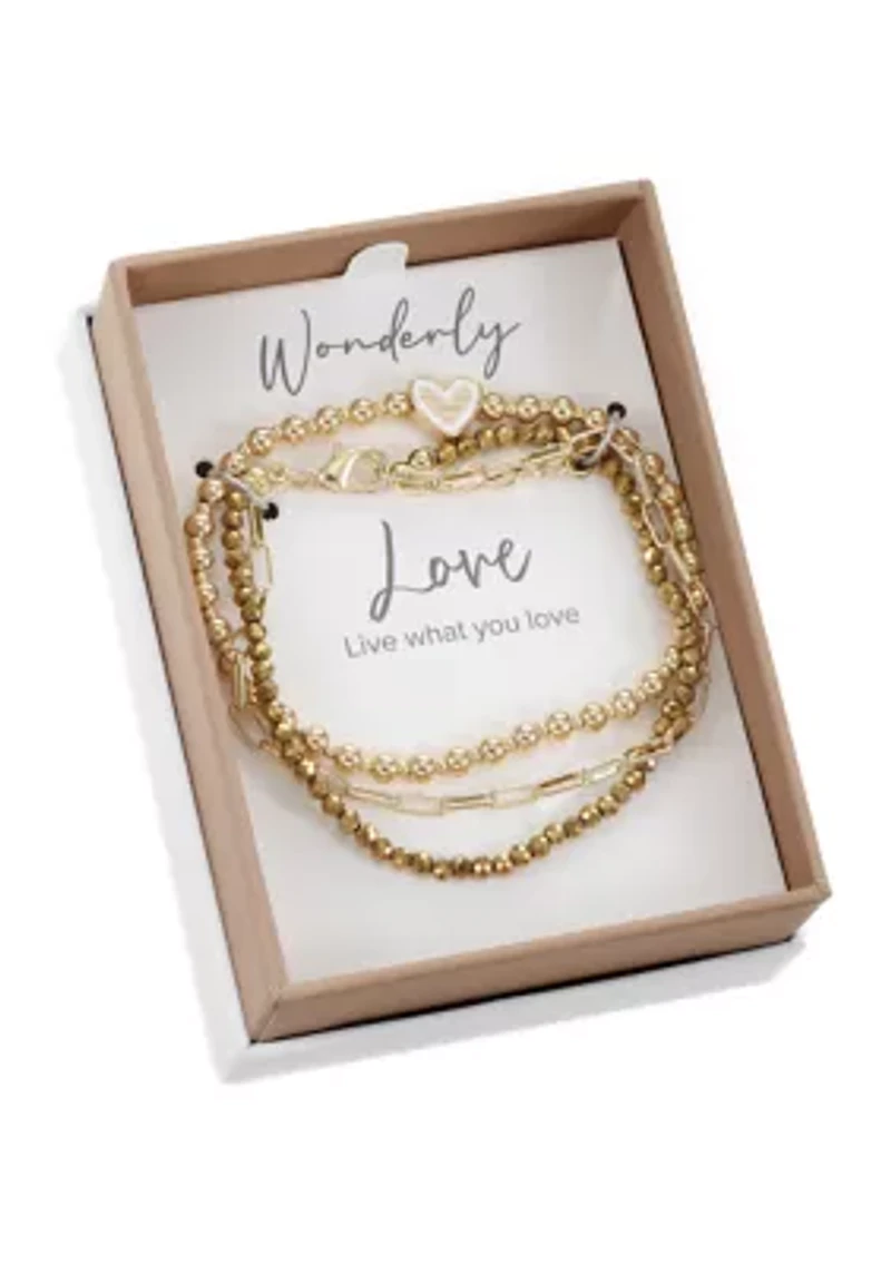 Gold Tone Beaded Bracelet with Heart Charm and Multi Strand Link and Beaded Bracelet Set